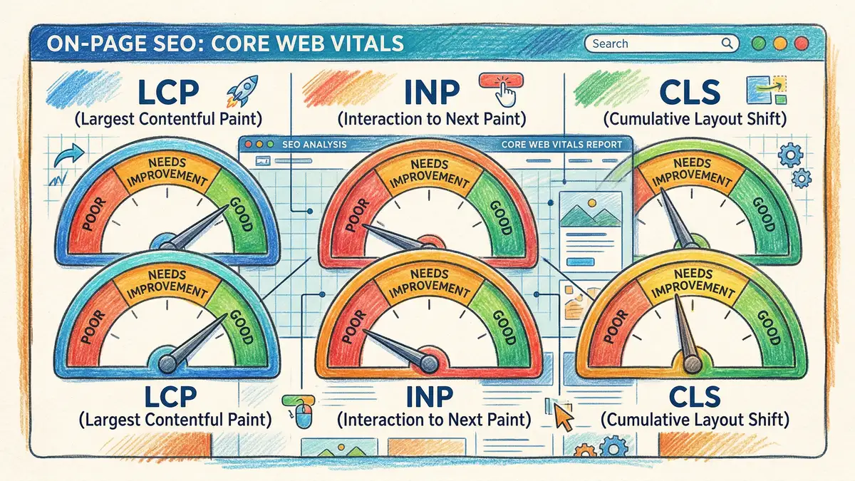 Core Web Vitals dashboard showing LCP, INP and CLS metrics tracked over time with green and red status indicators