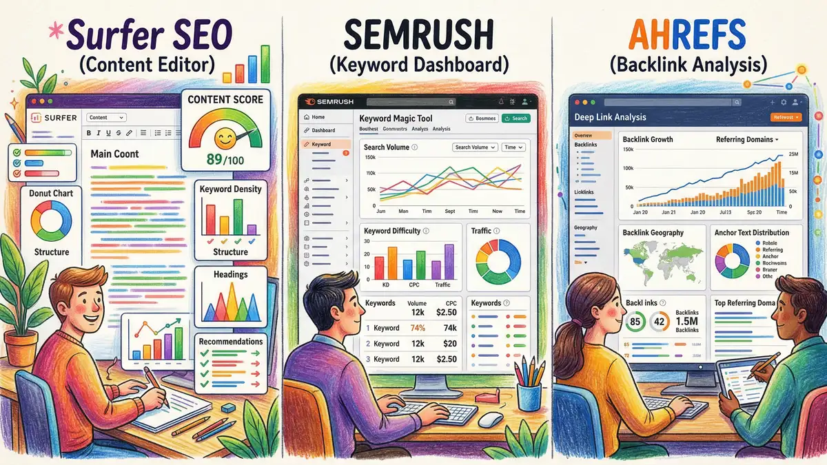 Side-by-side comparison of AI SEO tool interfaces including Surfer SEO and Semrush