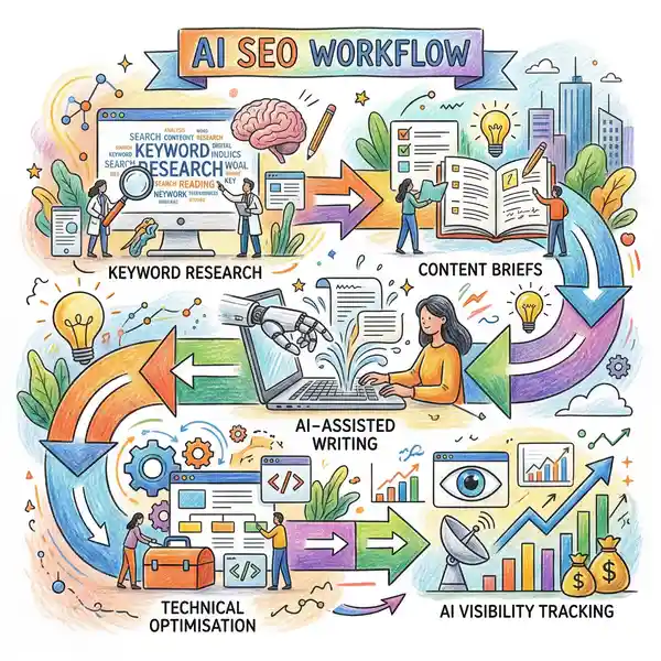 AI SEO workflow diagram showing modular tool integration from research to tracking