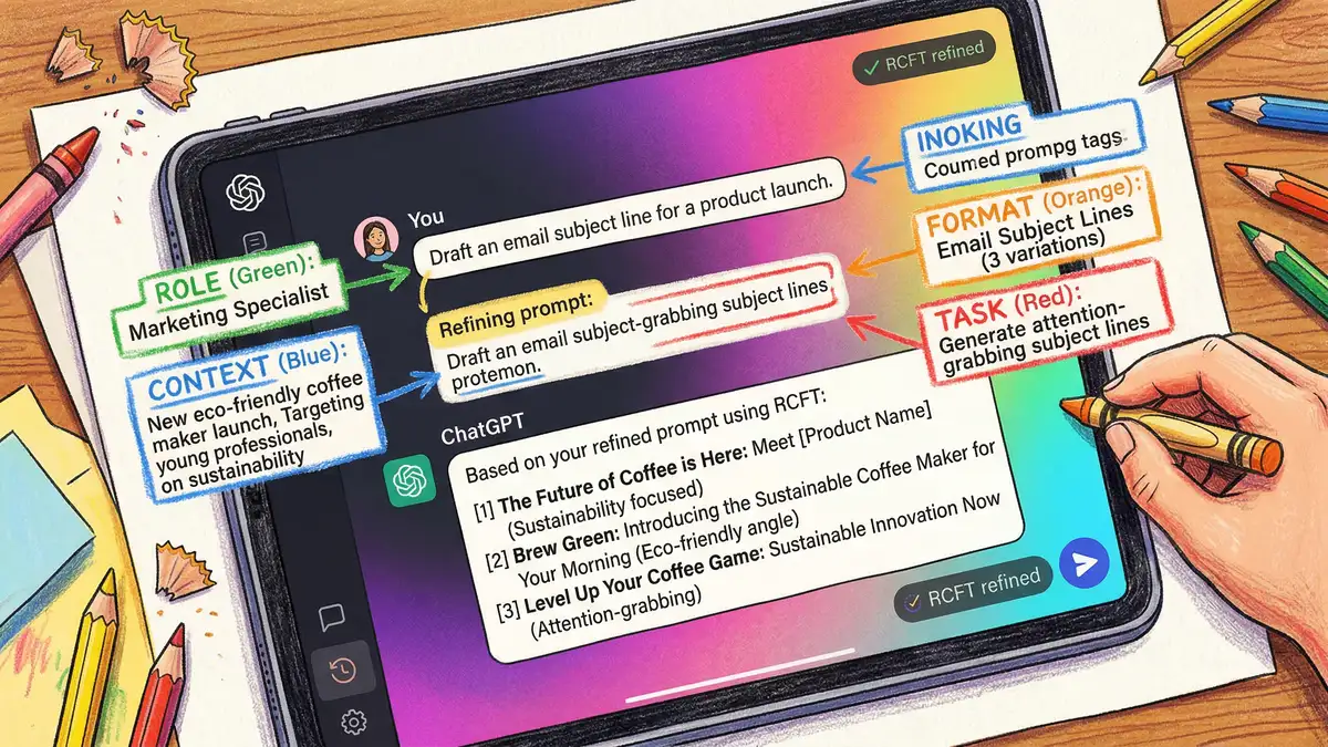 ChatGPT interface showing marketing prompt being refined with the RCFT framework