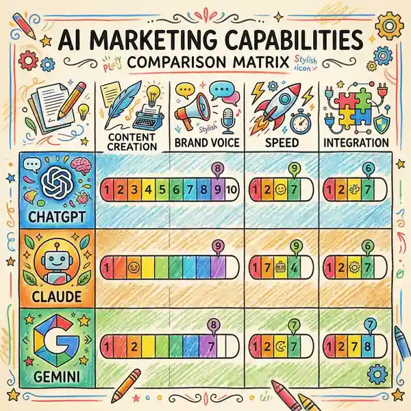 Comparison matrix of ChatGPT, Claude, and Gemini marketing capabilities