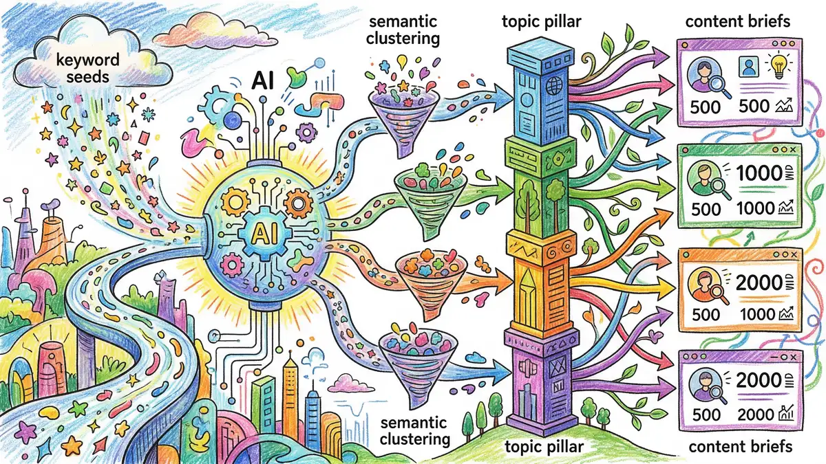 AI-powered content strategy pipeline from keyword seeds through semantic clustering to topic pillars
