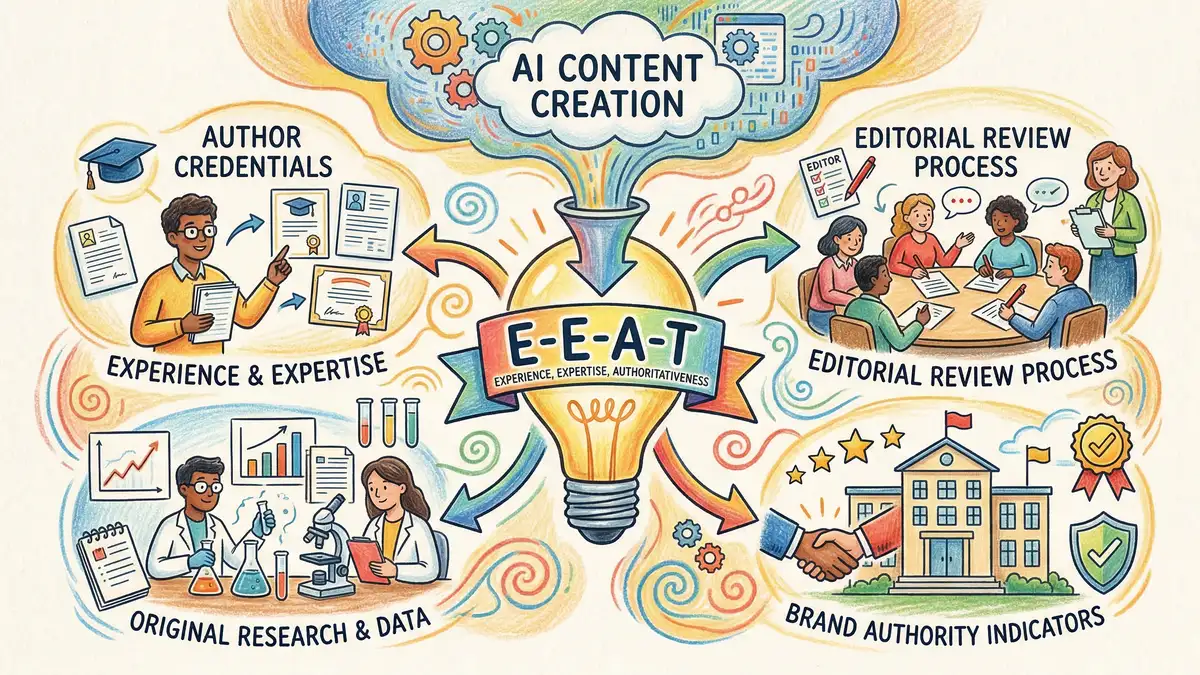 E-E-A-T compliance framework connecting AI content creation to human expertise signals