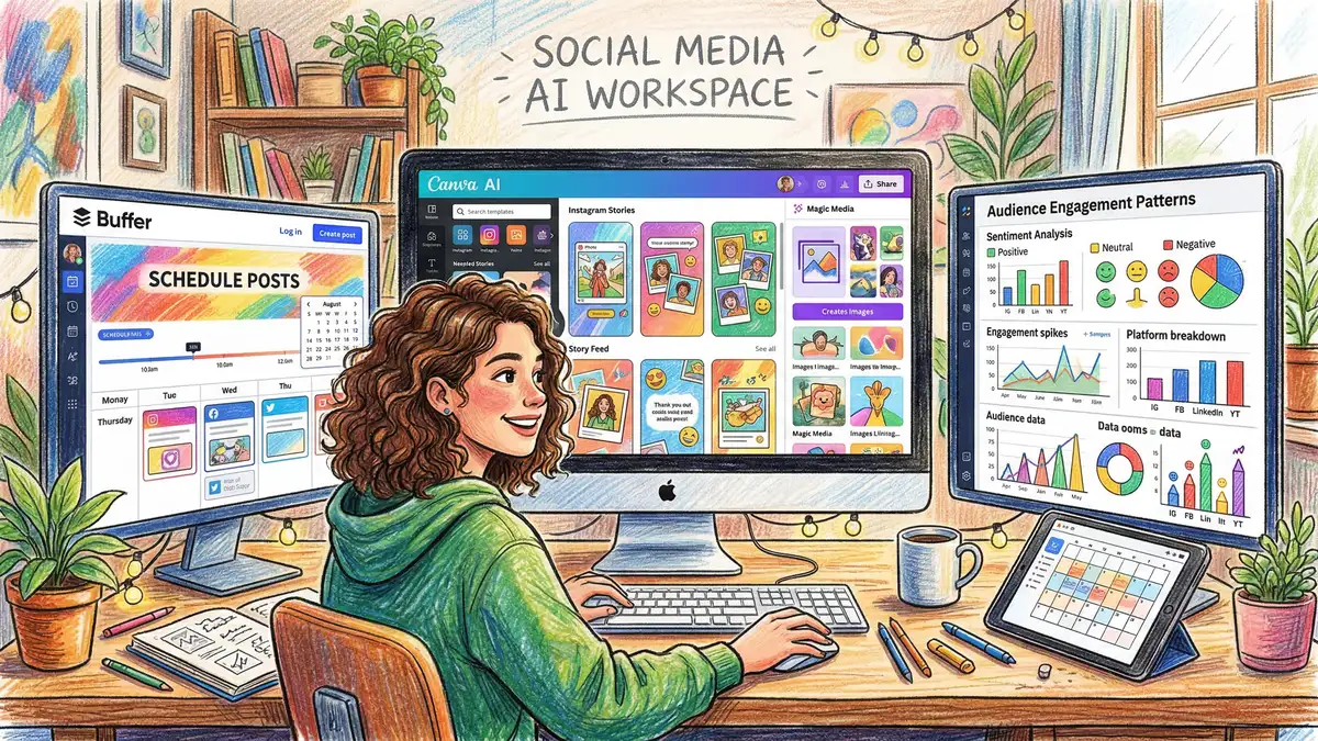 Social media content creation workspace with AI tools for scheduling and analytics