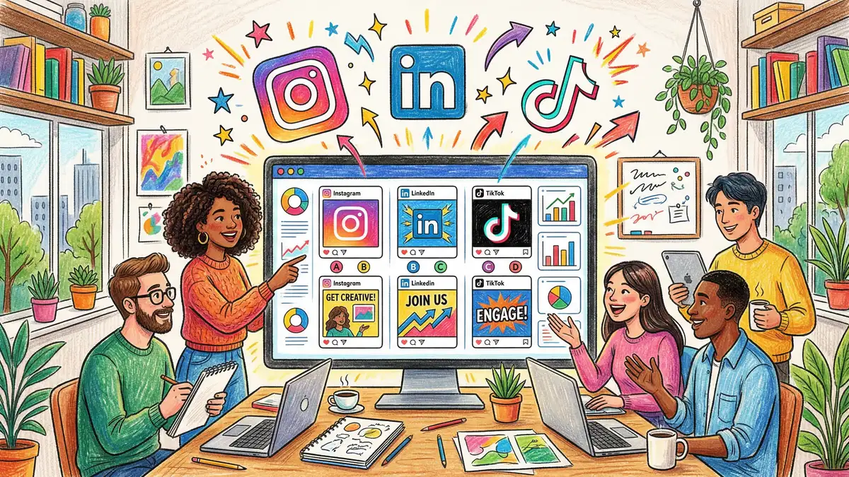 Marketing team collaborating with AI-generated social media content on a large screen