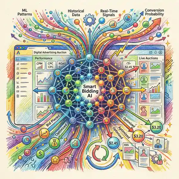 Smart bidding AI algorithm visualised as interconnected neural network nodes