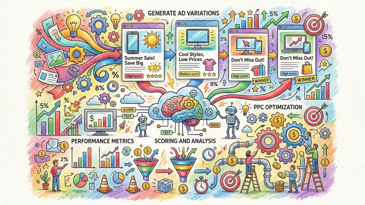 AI-powered ad copy A/B testing with performance metrics and machine learning scoring