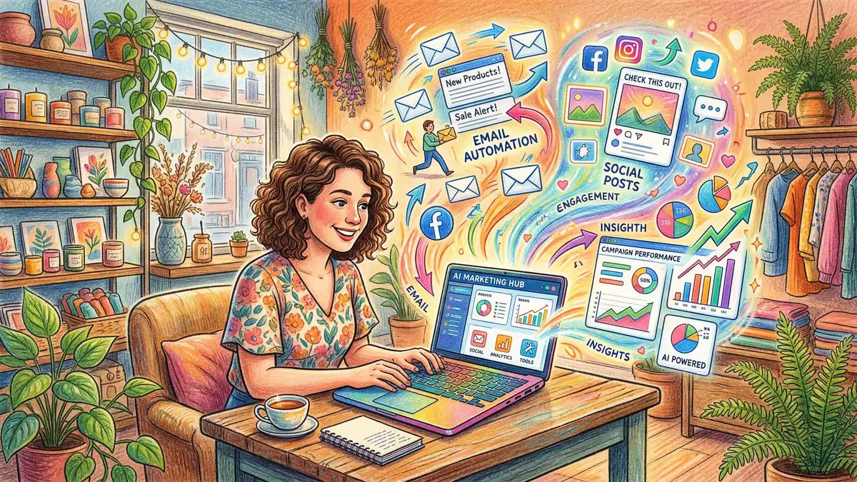 Small business owner using AI marketing tools on a laptop in a cosy shop setting