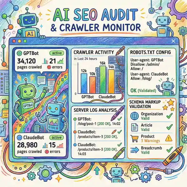 Technical SEO audit interface with AI crawler monitoring dashboard