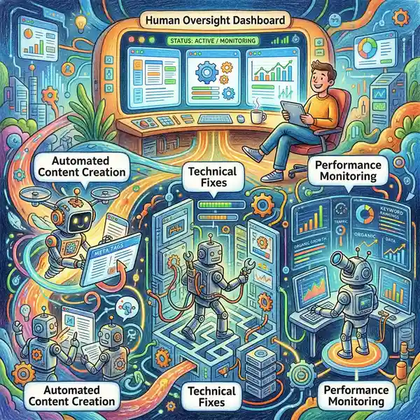 Agentic AI systems managing SEO workflows with human oversight dashboard