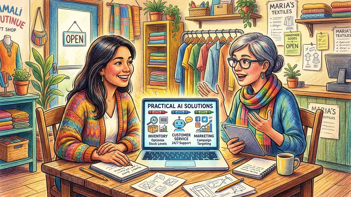 Small business owner receiving AI consultation from specialist