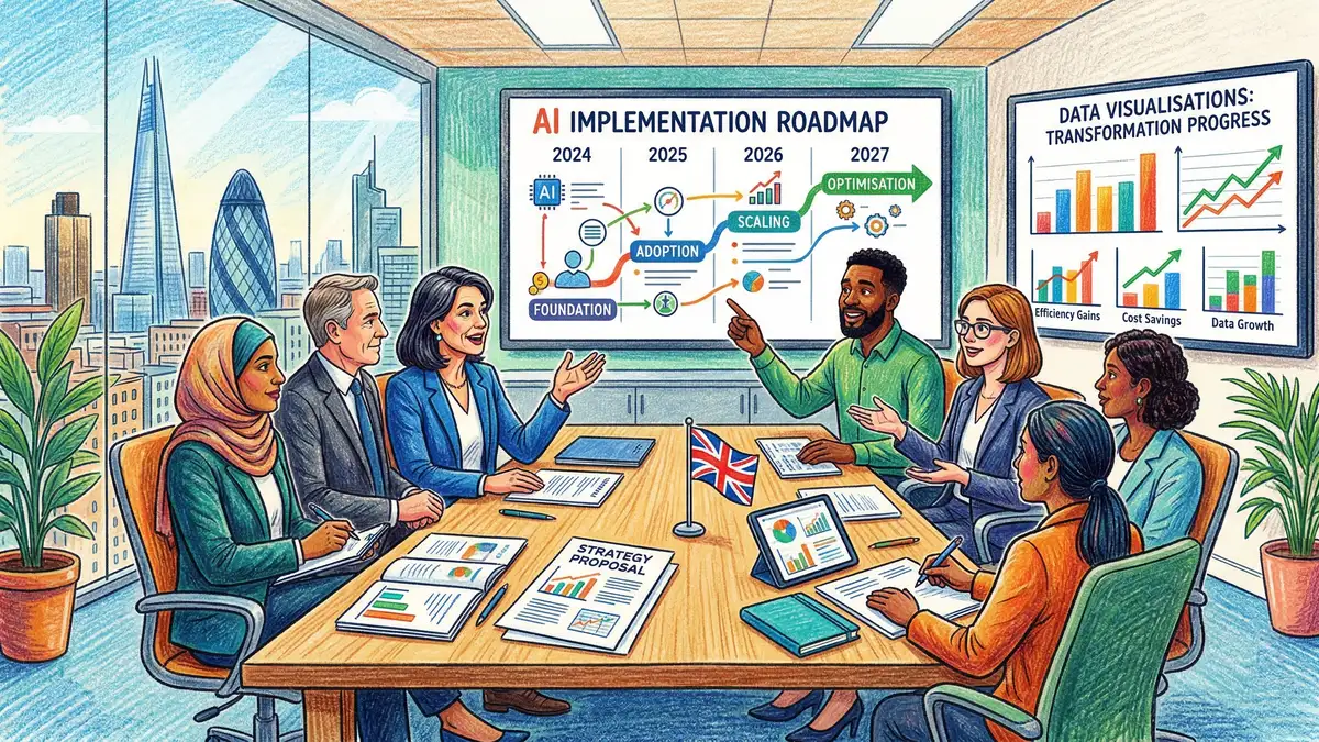 UK business leaders meeting with AI consultants in a modern boardroom
