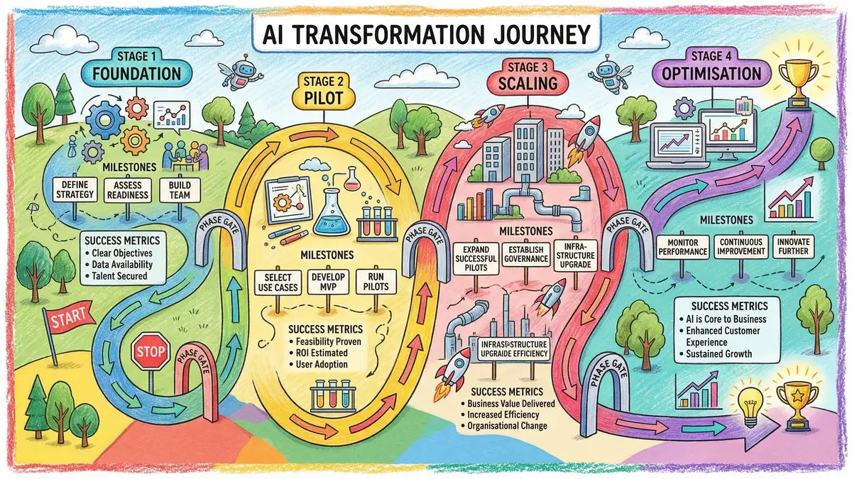 Four-stage AI transformation journey from foundation through pilot to scaling and optimisation with milestone markers