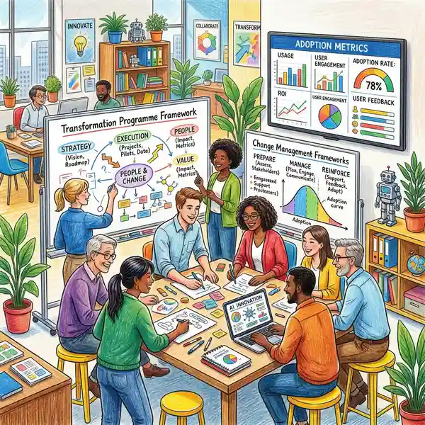 AI centre of excellence team collaborating on transformation programme with change management frameworks