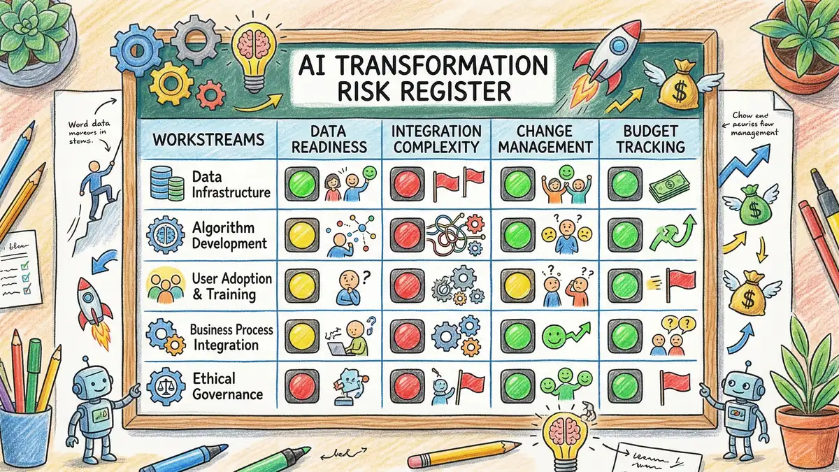 AI transformation risk register dashboard showing traffic light status for data readiness and integration complexity