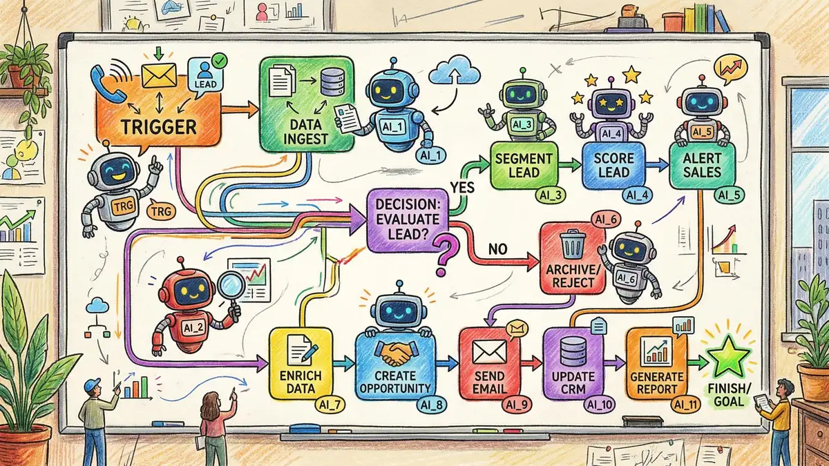 Business workflow automation canvas showing processes connected by AI agents with triggers and decision nodes