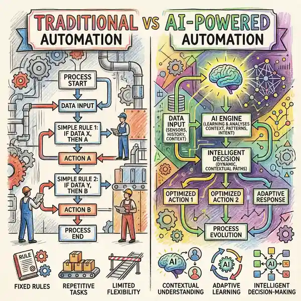 Comparison of traditional automation versus AI-powered automation showing rule-based flows and intelligent decision-making