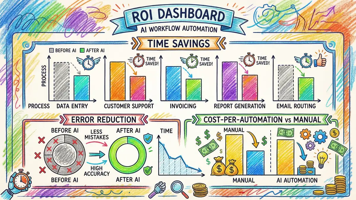 AI workflow automation ROI dashboard showing time savings per process, error reduction metrics, and cost comparisons