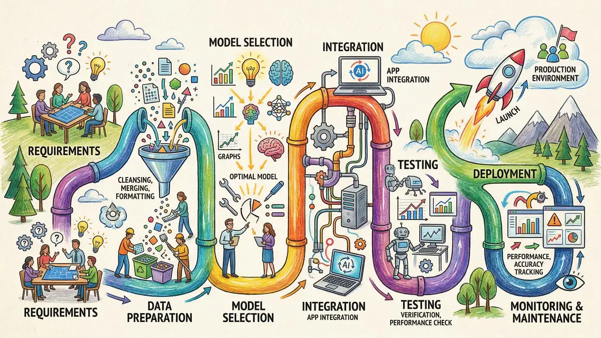 AI implementation lifecycle from requirements through data preparation, model selection, integration testing to deployment