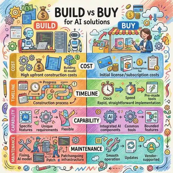 Build versus buy decision matrix for AI solutions showing cost, timeline, capability, and maintenance considerations
