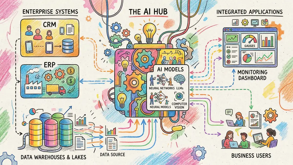 AI system integration architecture showing connections between AI models, CRM, ERP, data warehouses, and monitoring dashboards