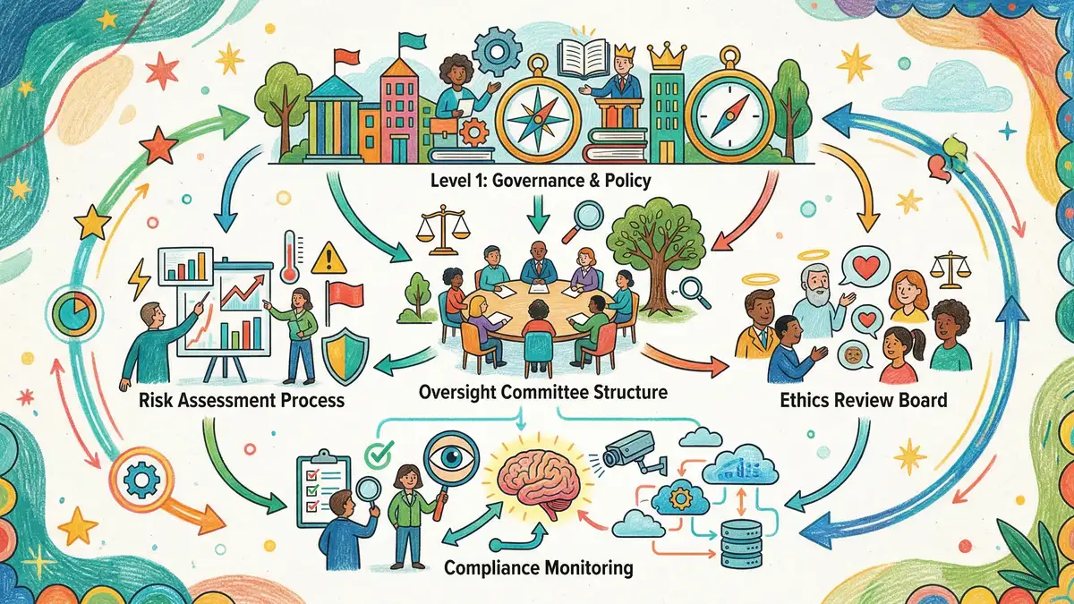 AI governance framework diagram showing policy layer, oversight committee structure, risk assessment, and ethics review