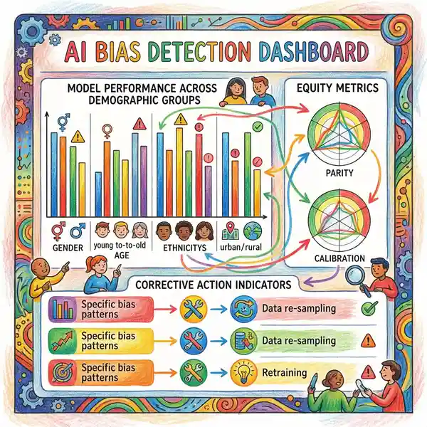AI bias detection and fairness testing dashboard showing model performance across demographic groups with equity metrics