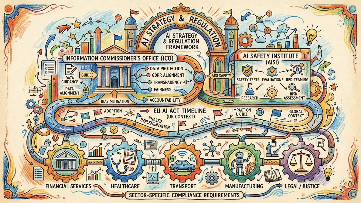UK regulatory landscape for AI showing ICO guidance, AI Safety Institute, EU AI Act timeline, and compliance requirements