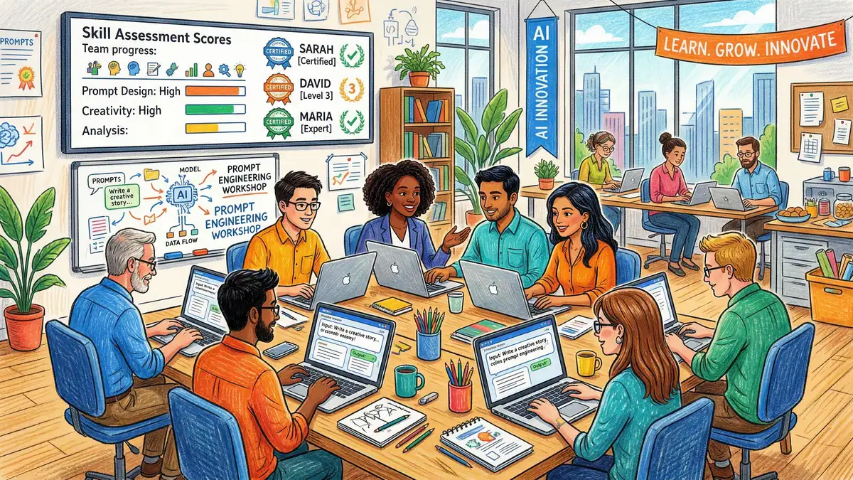 Corporate AI training workshop with diverse team members learning prompt engineering with training materials and certification badges