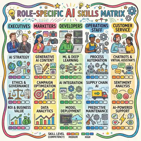 Role-specific AI skills matrix showing different training needs for executives, marketers, developers, operations, and customer service