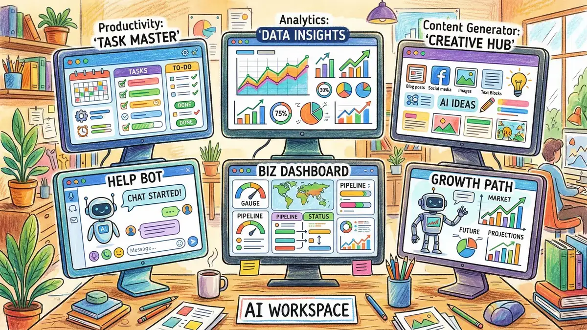Collection of AI business tools displayed on multiple screens showing productivity apps, analytics platforms, and content generators
