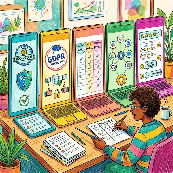 AI tool evaluation checklist showing security certifications, GDPR compliance badges, pricing tiers, and integration capabilities