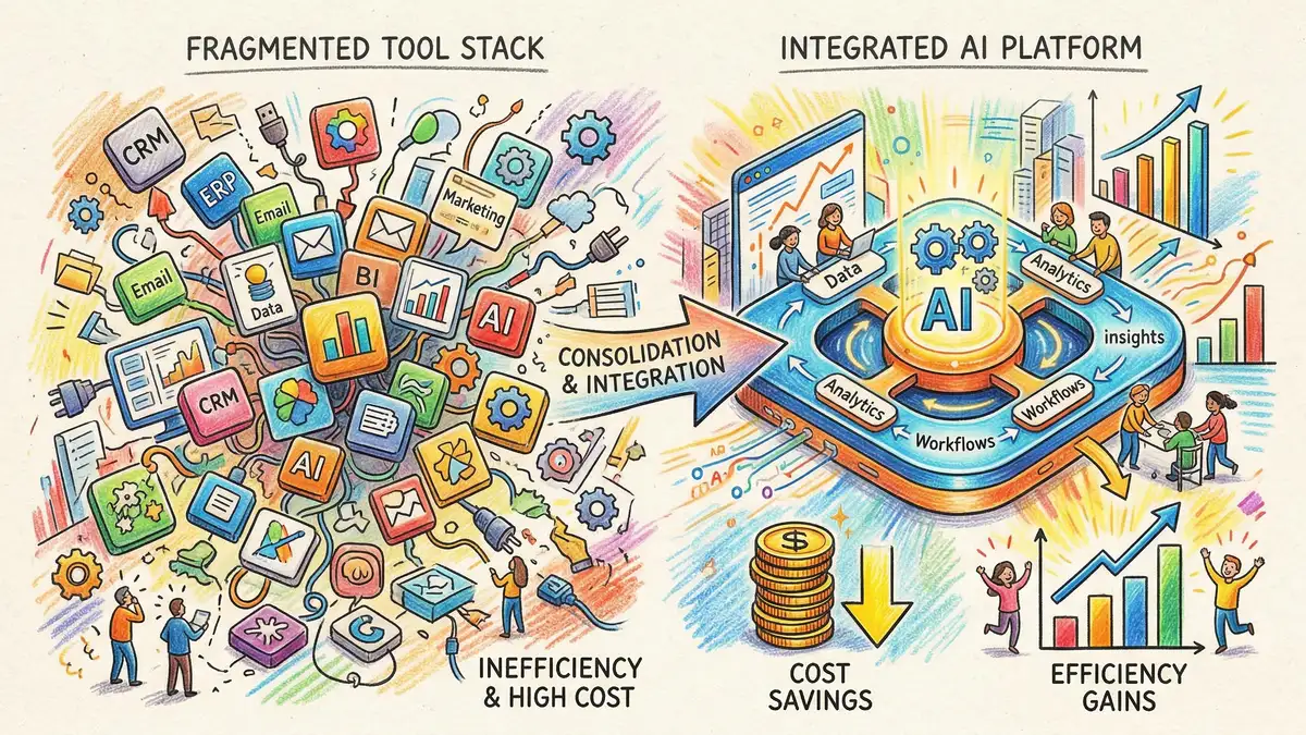 Platform consolidation strategy showing fragmented tool stack streamlined into integrated AI platform with cost savings