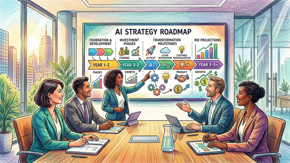 C-suite executives reviewing AI strategy roadmap on a boardroom screen with transformation milestones and ROI projections