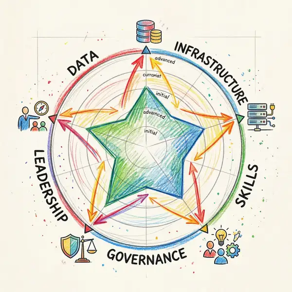 AI maturity assessment radar chart showing organisational readiness across data, infrastructure, skills, governance, and leadership