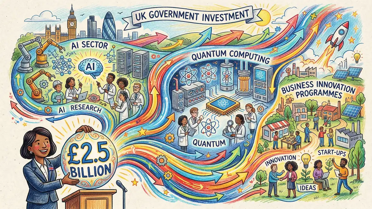 UK government AI funding announcement showing £2.5 billion investment flowing into AI sector and quantum computing
