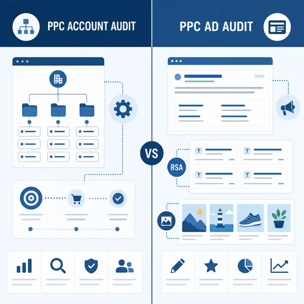 Comparison illustration showing PPC account audit covering structural elements on the left versus PPC ad audit covering creative elements on the right