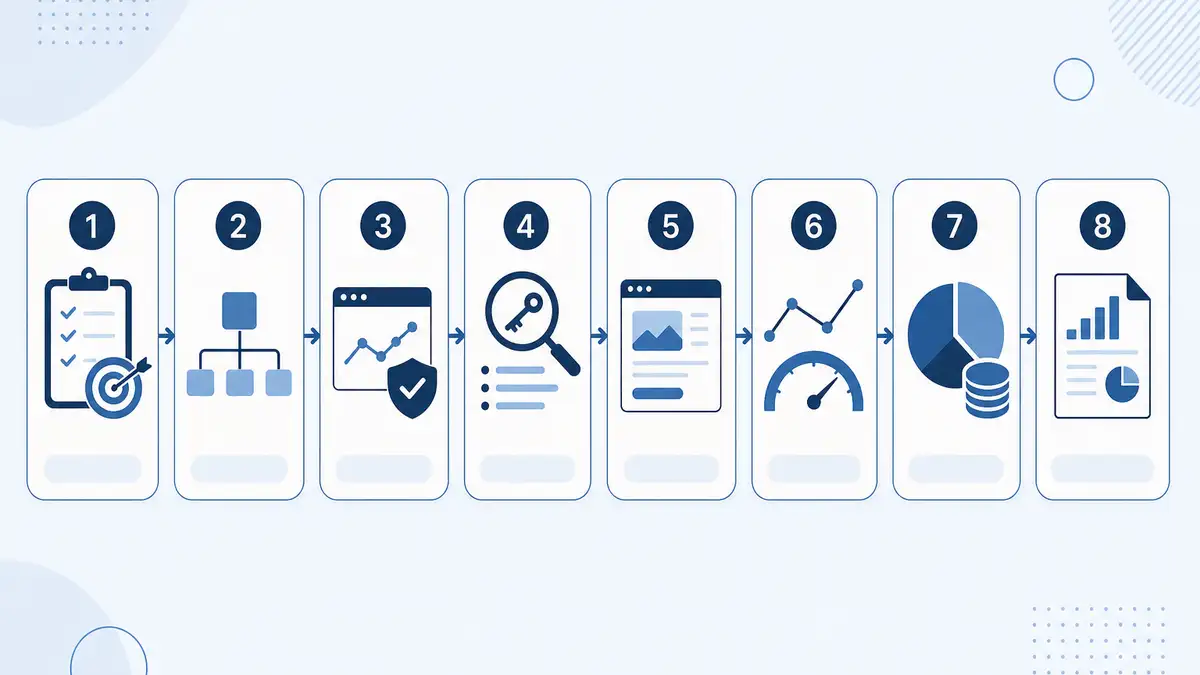 The 8-step PPC audit framework shown as numbered cards covering architecture, conversion tracking, search terms, ads, bidding, budgets, Quality Score, and benchmarks