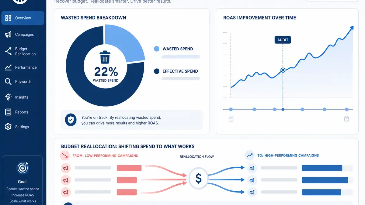 PPC audit wasted spend recovery dashboard mockup showing identified waste versus recovered spend and ROAS improvement after audit remediation