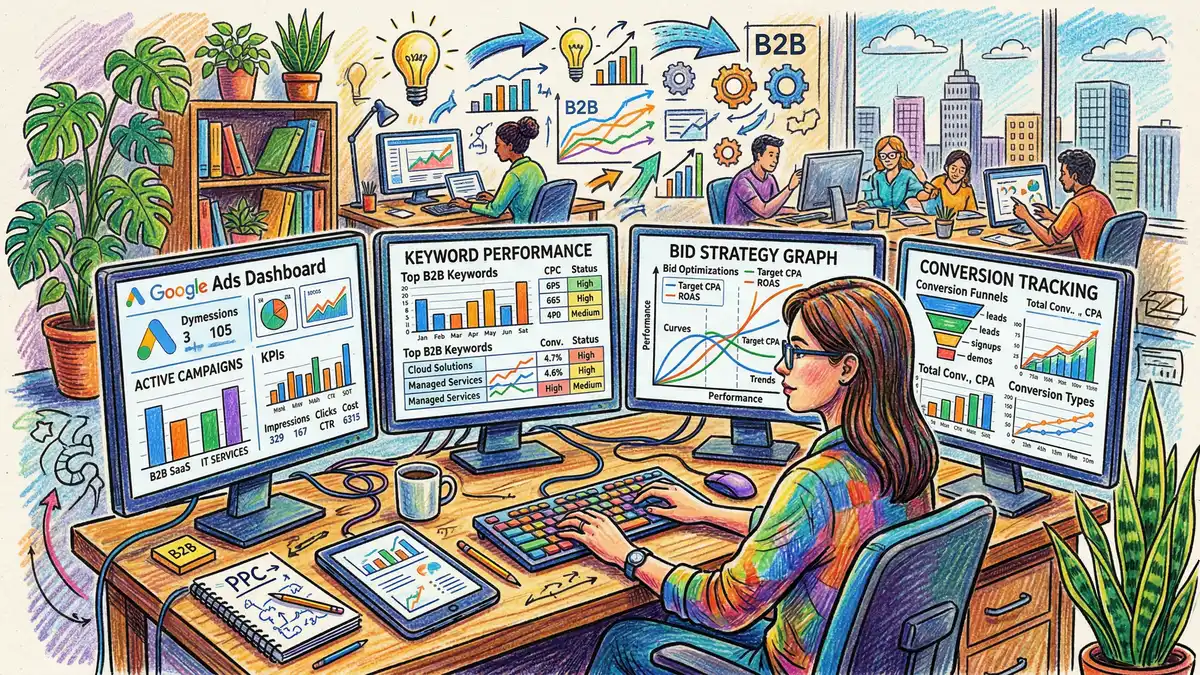 PPC campaign management workspace showing Google Ads dashboard with bid strategy configuration and daily budget settings