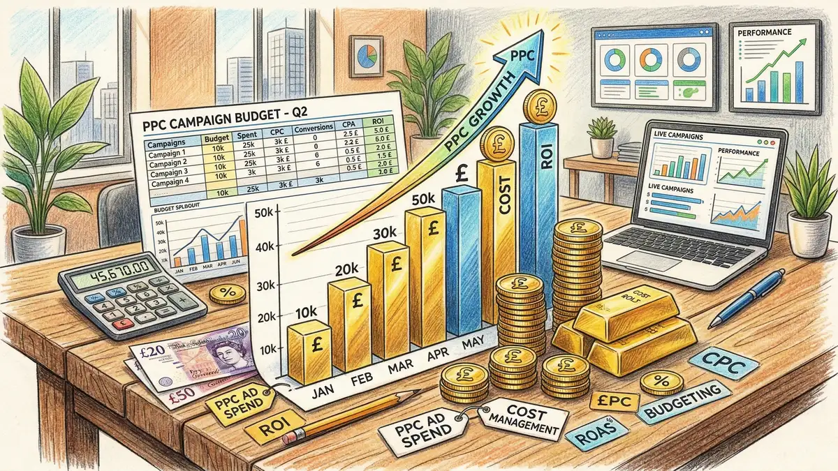 Pencil crayon illustration of PPC budgeting showing stacked coins beside a rising bar chart with pound sterling symbols and a calculator