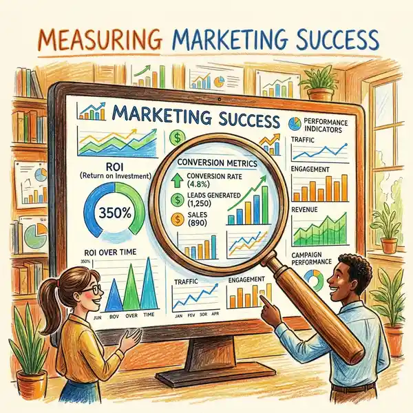 Pencil crayon illustration of marketing analytics dashboards with a magnifying glass over conversion metrics and ROI charts