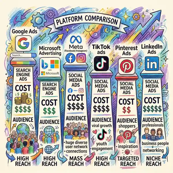 Pencil crayon illustration comparing major advertising platforms on podiums with cost metrics and audience reach indicators