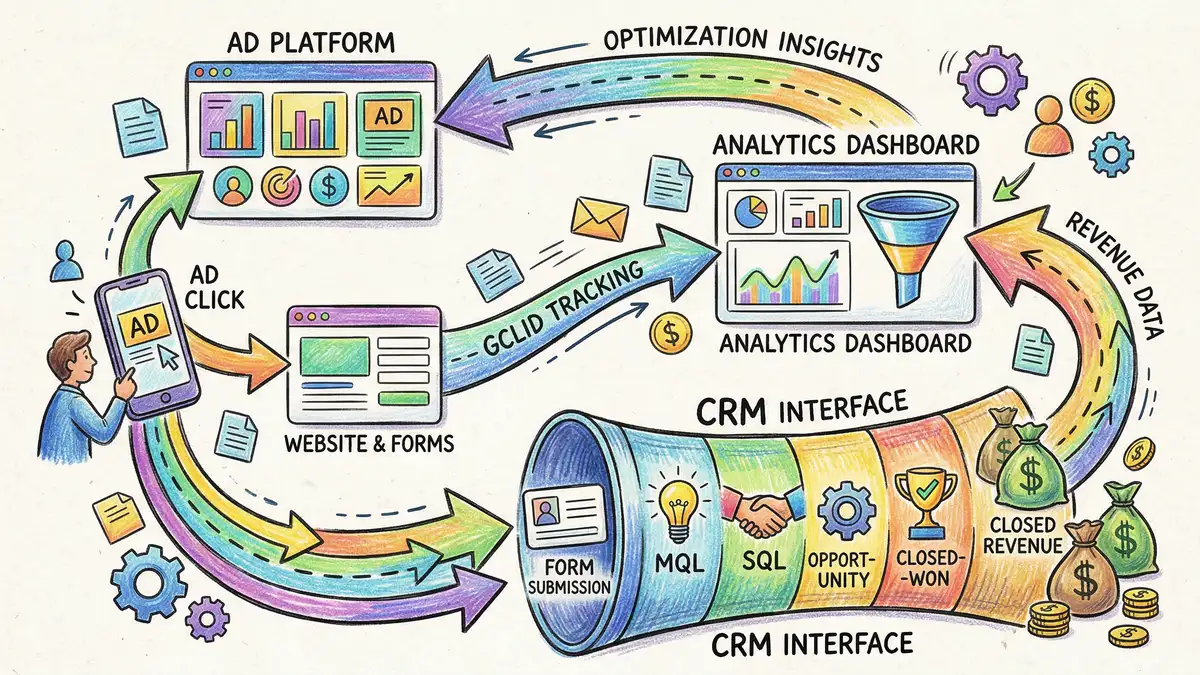 Closed-loop attribution diagram showing how ad clicks connect to CRM pipeline stages and closed revenue through GCLID tracking