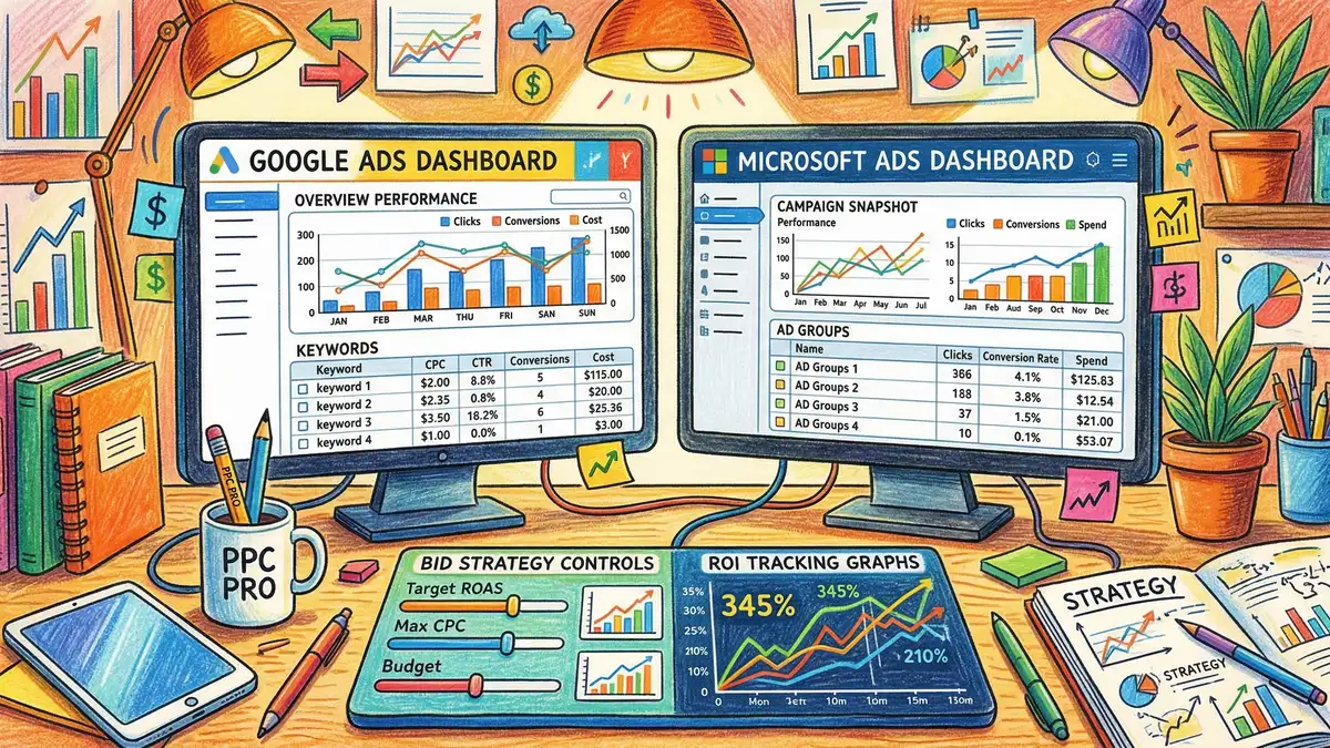 PPC campaign management workspace with Google Ads and Microsoft Ads dashboards