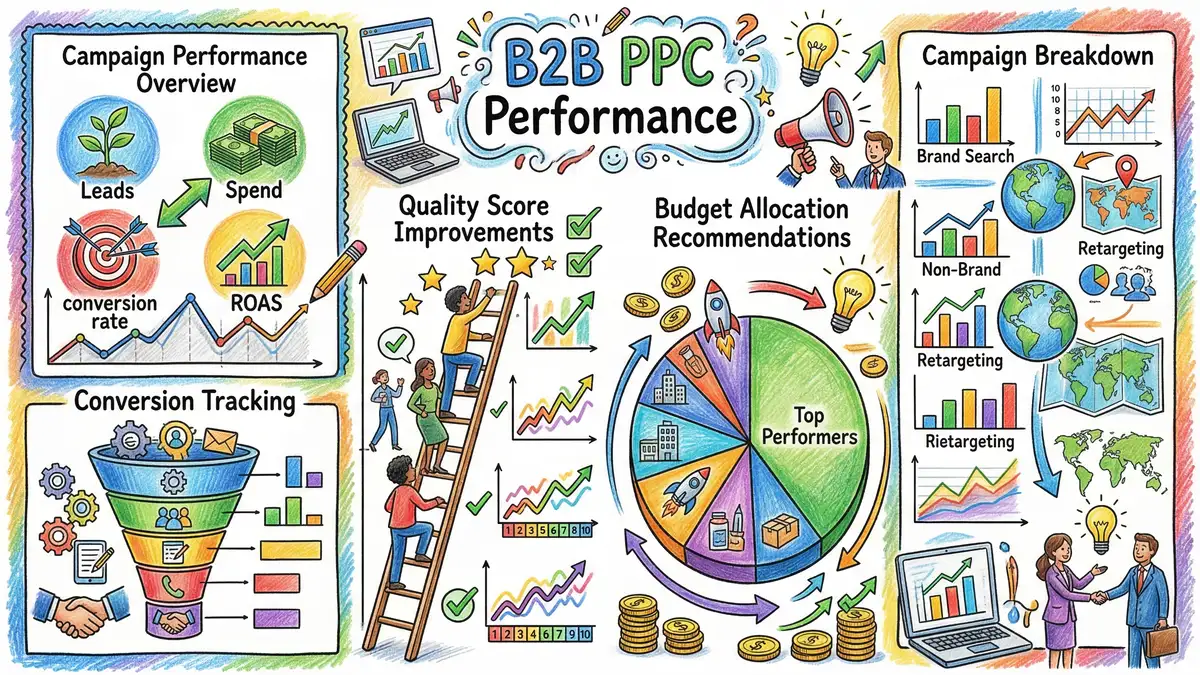 PPC reporting dashboard with campaign performance, quality scores and budget recommendations
