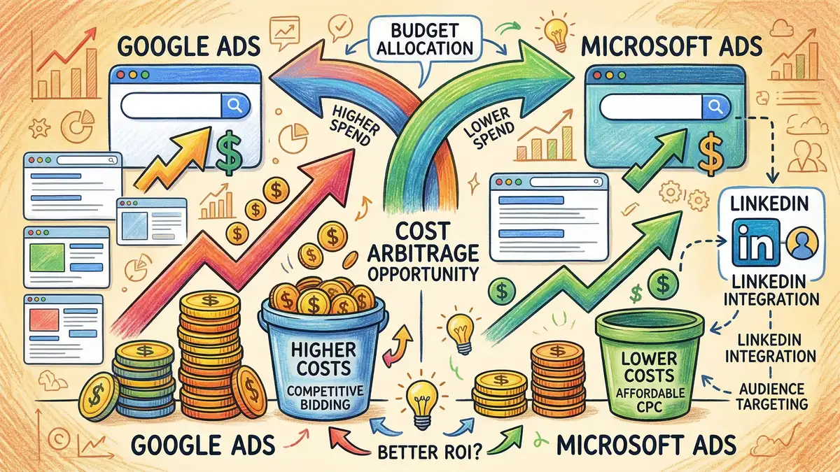 Comparison of Google Ads and Microsoft Ads showing cost-per-click differences and budget allocation for UK B2B PPC campaigns
