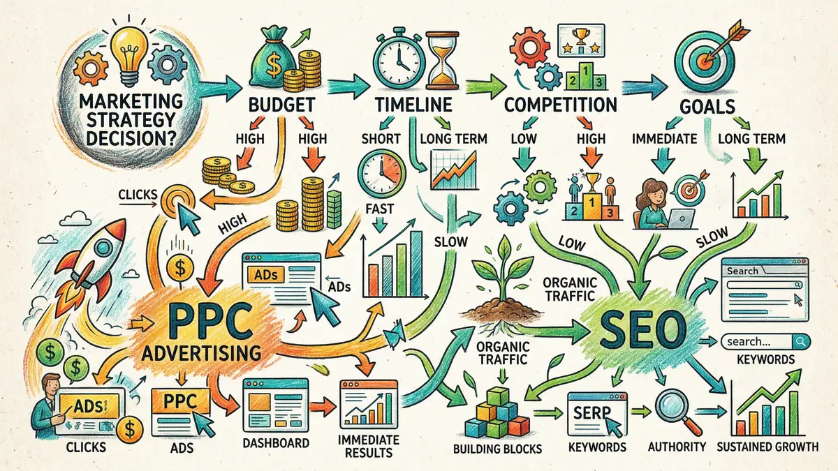 Decision framework diagram showing when to prioritise SEO, PPC, or combined approach based on business goals