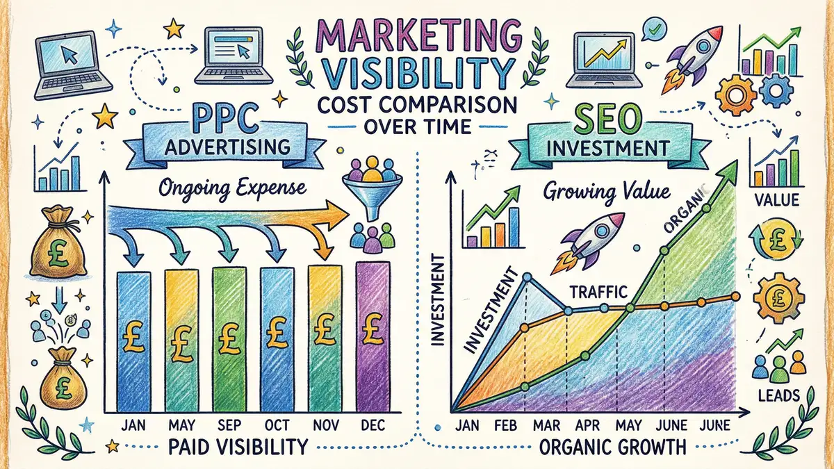 Cost comparison chart showing SEO retainer ranges and PPC management fees for UK B2B companies
