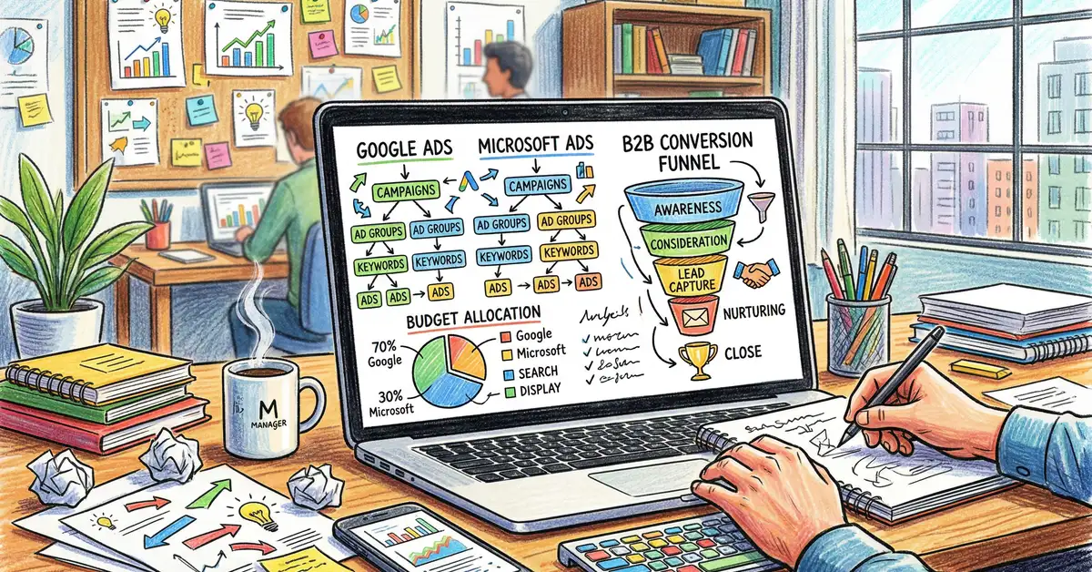 Professional paid search management strategy planning desk with Google Ads and Microsoft Ads campaign structures and B2B conversion funnel diagrams